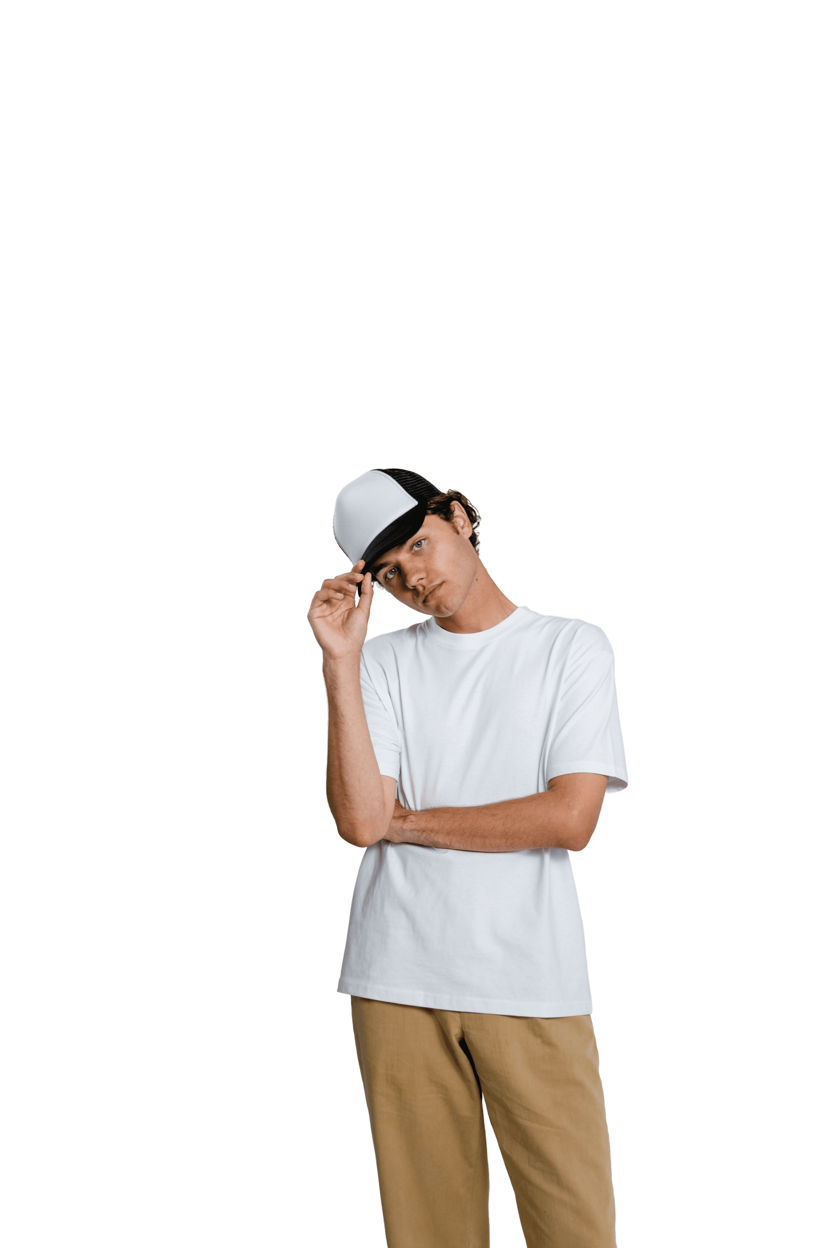Model wearing a ToggleWear trucker cap and white tee